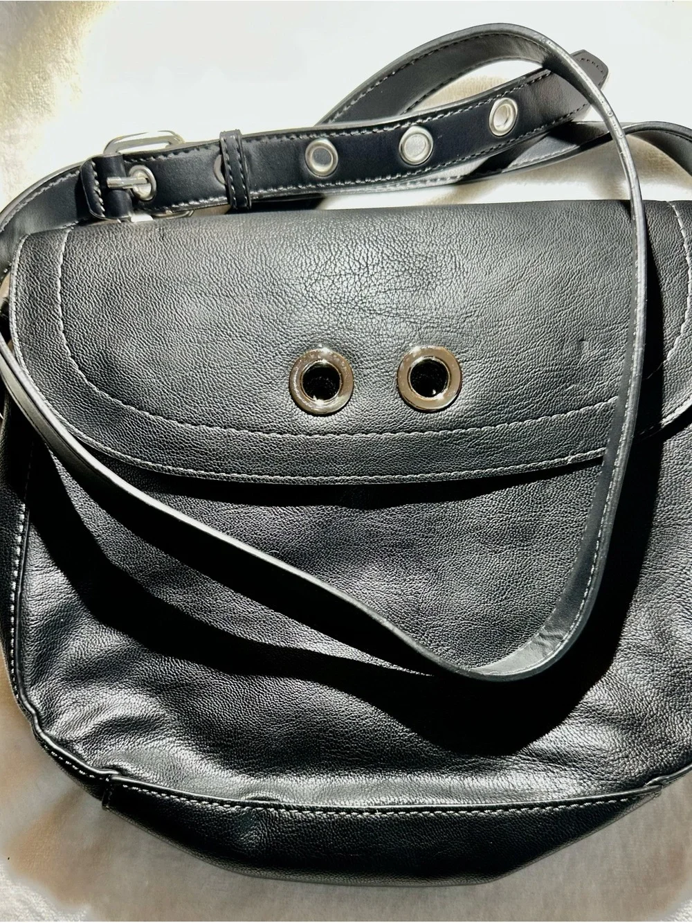 Nine West Black Leather Crossbody with Silver Eyelet Accents